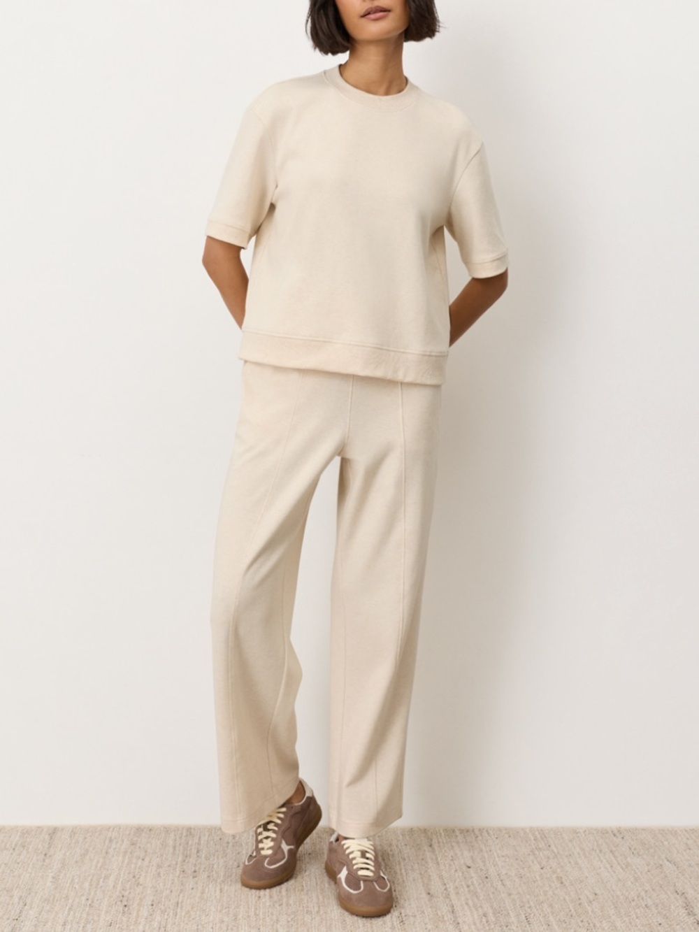 Pact Cream Heather Airplane Sweatshirt Tee and Pintuck Wide Leg Pant Set Size L